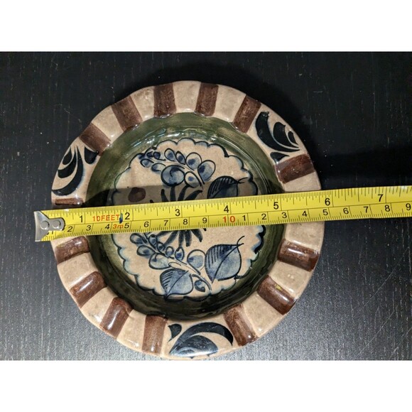 Large Tonala Mexican Pottery Ashtray Signed Hand Painted Brown Blue 6'' - Picture 7 of 8
